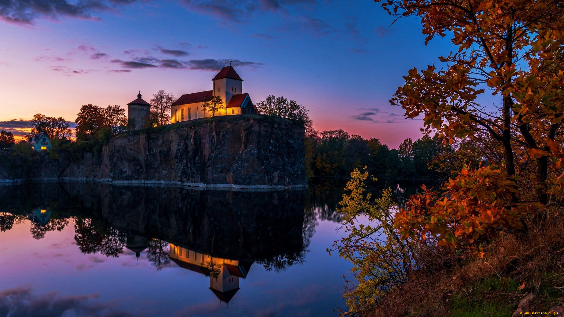 church over lake kirchberg, saxony, , -  ,  ,  , church, over, lake, kirchberg
